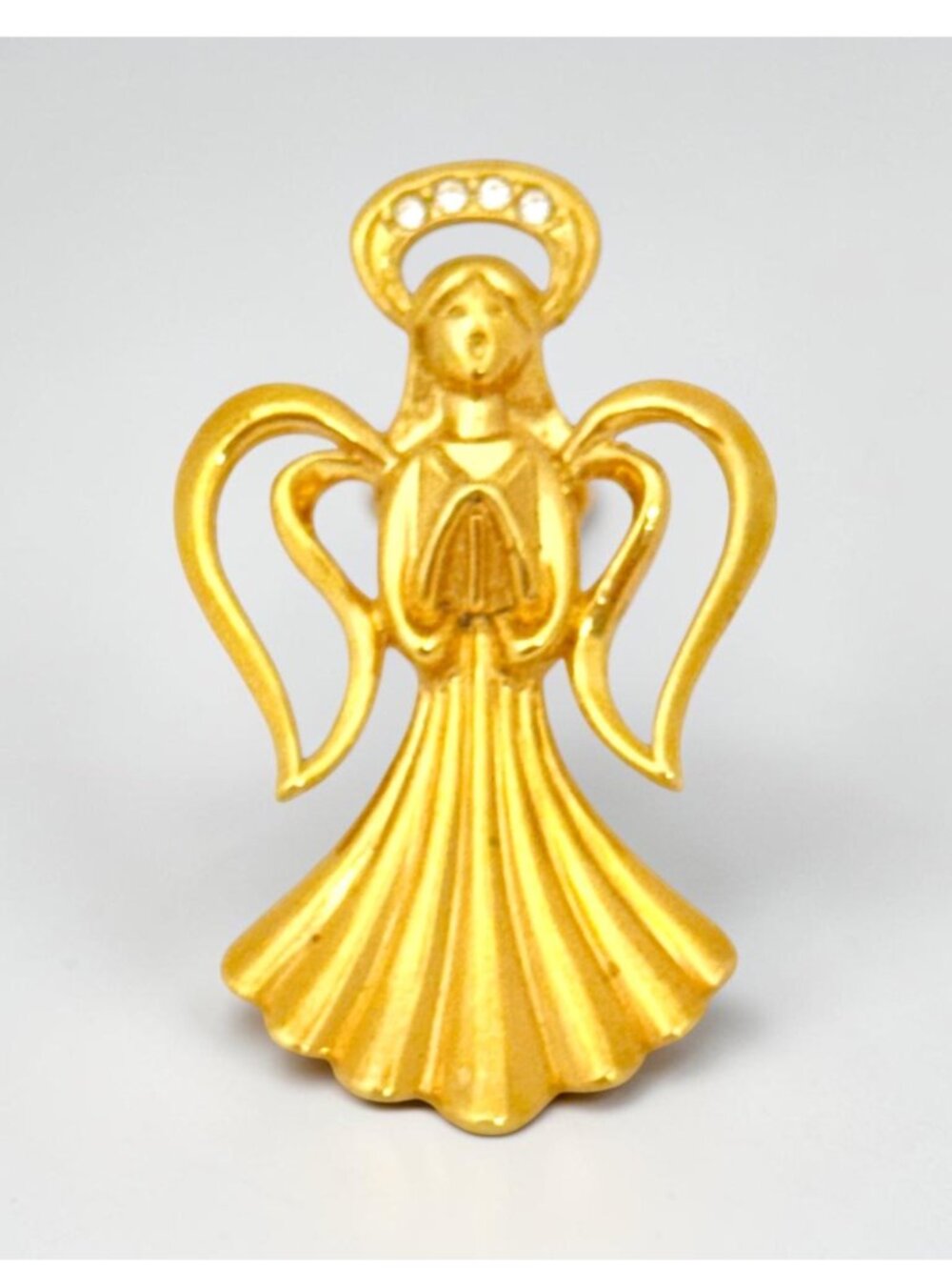 Heavenly Angel Lapel Pin Singing Praying - Halo w/Rhinestones Gold Tone